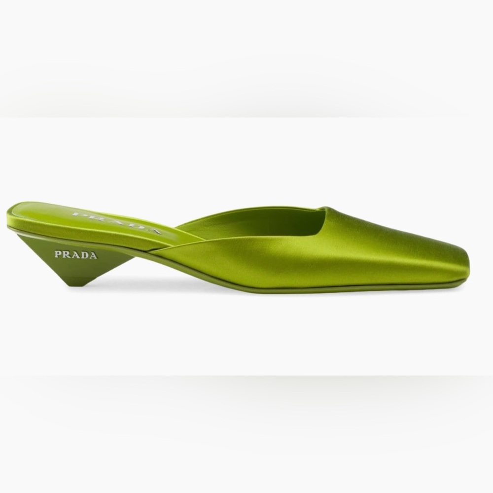 Prada Satin Square Toe Green Mules